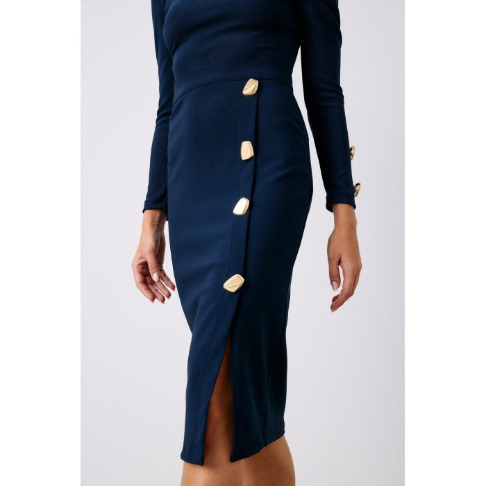 Миди-пола молив в нощно синьо със златисти копчета